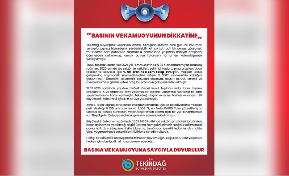 Tekirdağ Büyükşehir Belediyesinden Açıklama